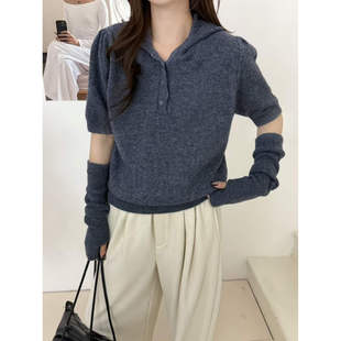 全羊毛100%欧货钩花镂空帽衫秋冬高端宽松慵懒针织带帽打底毛衣JL