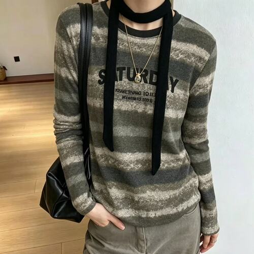 DANPIN单品韩系渐变条纹字母印花飘带女秋新款氛围感宽松百搭上衣