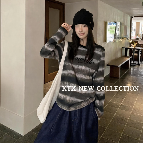 HW美式做旧渐变灰条纹长袖圆领英文长袖T恤女显瘦百搭上衣