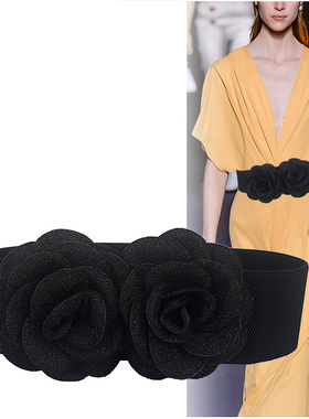 手工花朵腰带装饰宽腰封松紧弹力细皮带布韩版百搭连衣裙裙带红色