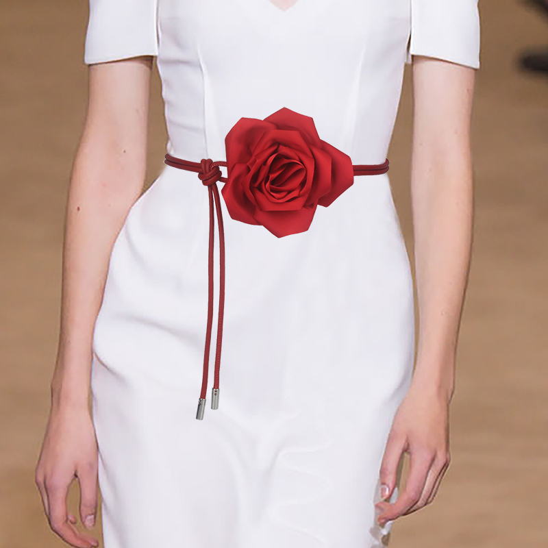 婚礼大花朵系带腰花时尚装饰女士百搭连衣裙腰带伴娘配件腰链红色