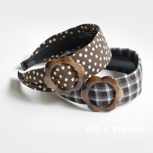 韩系花朵格纹发箍高颅顶宽边头箍