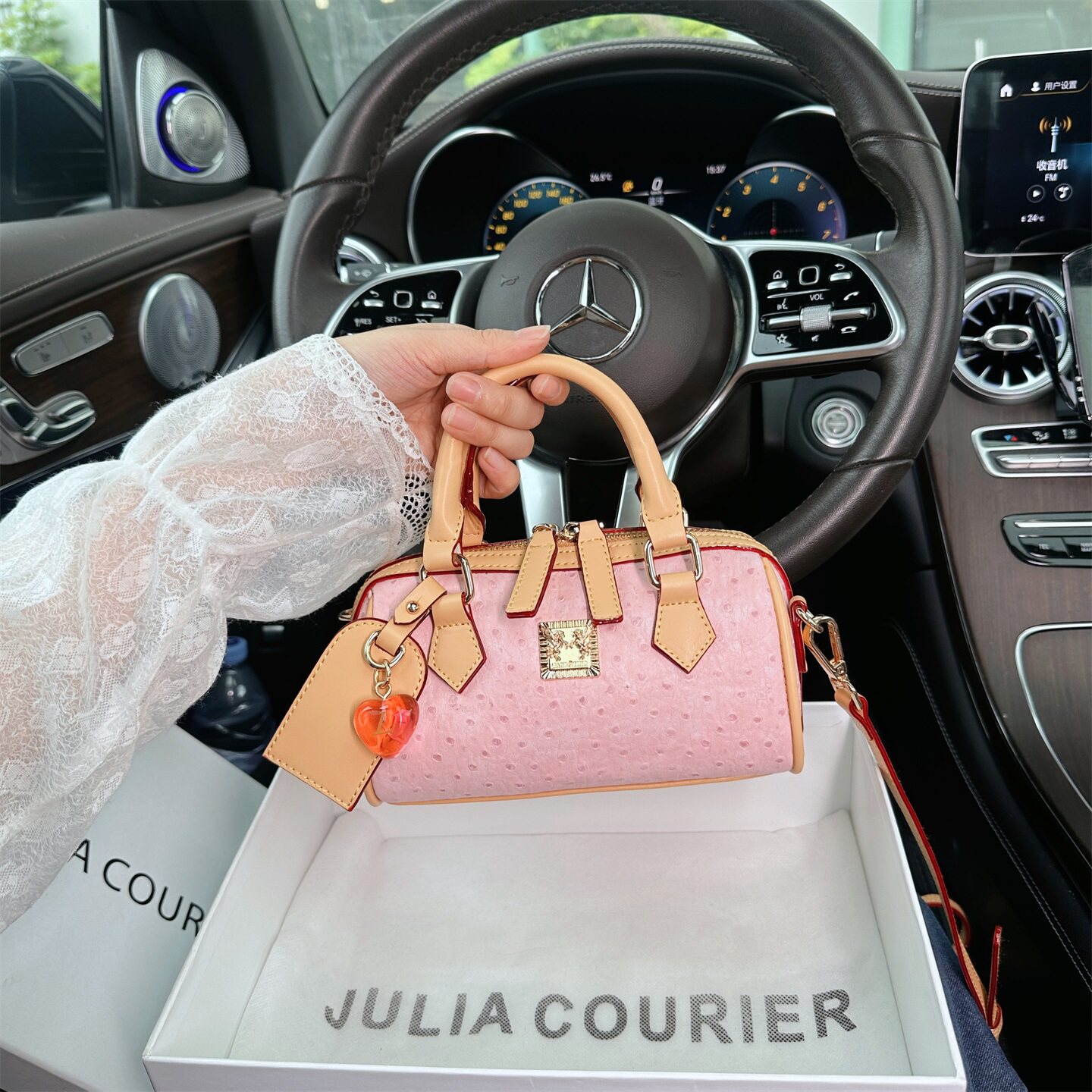 JULIACOURIER女包驼鸟纹撞色波士顿包包女2026新款单肩斜挎手提包
