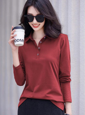 春秋季POLO领长袖正肩t恤女上衣