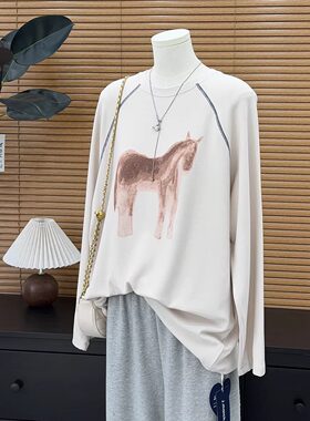 磨毛加厚长袖T恤秋冬仿羊绒明线打底衫秋冬女士宽松洋气内搭上衣