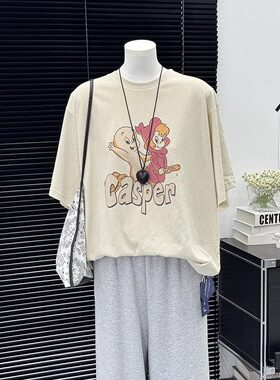 卡通印花复古时尚女式夏季韩版宽松大版薄款柔软休闲短袖T恤衫