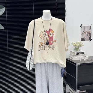 卡通印花复古时尚女式夏季韩版宽松大版薄款柔软休闲短袖T恤衫