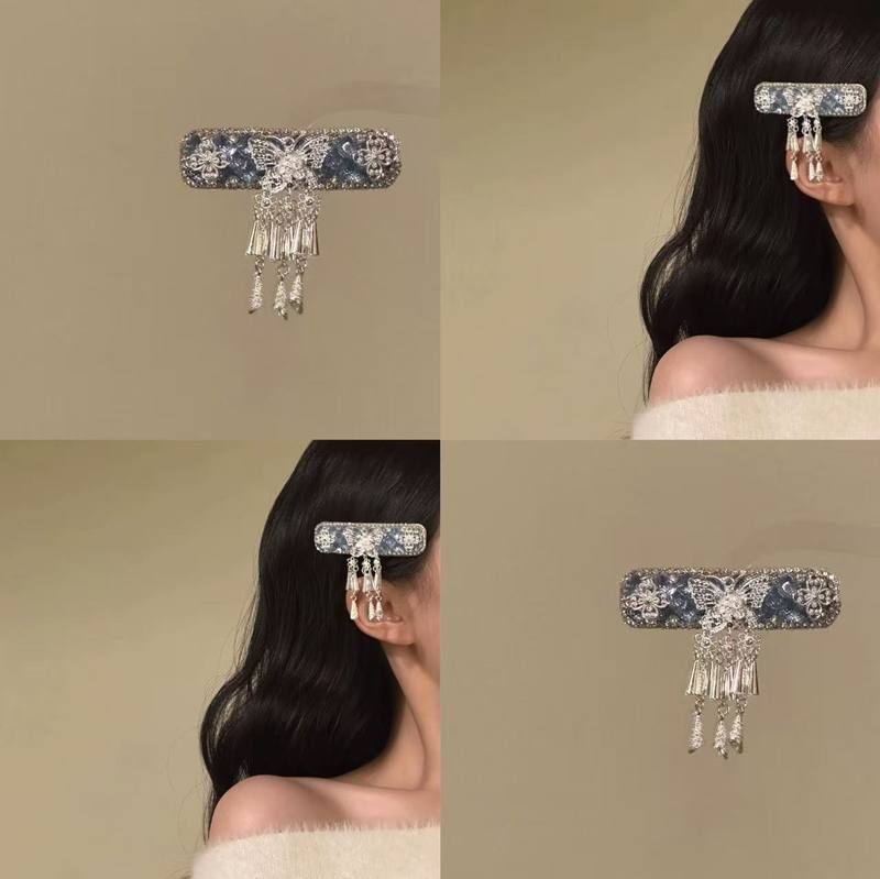 民族圣诞仿银流苏发夹女新中式轻奢侧边碎发b盘发发饰冲钻边夹HOT