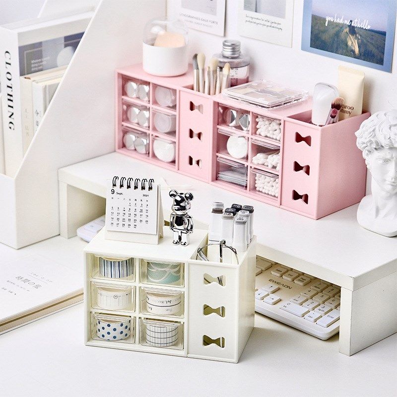蝴蝶结六宫格防尘抽屉式收纳桌面文具首饰手账化妆品收纳学生笔筒,收纳整理,桌面收纳盒,淘宝优惠券,粉丝福利购,淘宝优惠卷