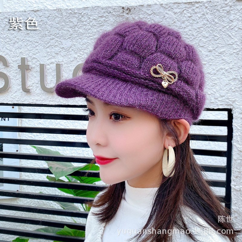 季女帽 韩版时尚带沿鸭舌女帽提花套头保暖冬季棉帽冬帽