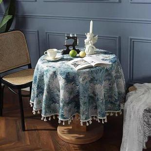 油画色织菊花圆桌布长方形棉麻餐桌布茶几古风桌垫 复古美式