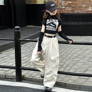 女童工装裤春装2026新款酷飒风儿童裤子hiphop街舞爵士舞服装白色