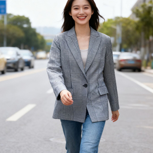 格子长袖小西装外套女春秋冬韩版休闲时尚气质西服工作服上衣
