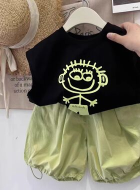 韩国童装儿童韩版无袖背心休闲裤两件套装薄款透气男童卡通中小童