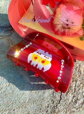 Ooo原创*动物乐园*复古猫咪红色可爱甜美少女夹子发夹抓夹头饰