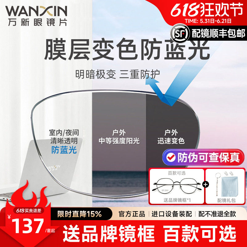 万新镜片防蓝光变色眼镜近视自动感光变灰色配镜树脂有度数男款女