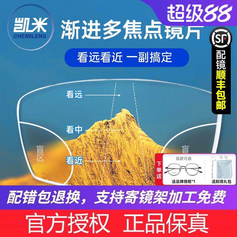 韩国凯米内渐进镜片渐进多焦点远近两用近视老花变色防蓝光眼镜片