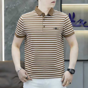 新款 宽松高档条纹爸爸装 中老年男士 polo衫 上衣 翻领短袖 2026夏季