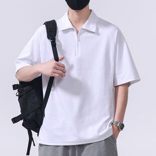 短袖 实拍2026夏季 半拉链Polo衫 潮流牛角袖 男宽松百搭翻领T恤 新款