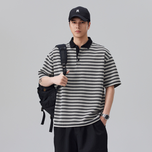 翻领宽松百搭短袖 实拍2026夏季 男士 提花条纹针织POLO衫 上衣 新款