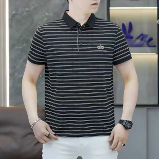 新款 宽松高档条纹爸爸装 中老年男士 polo衫 上衣 翻领短袖 2026夏季