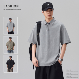 宽松纯色百搭休闲翻领T恤 男2026夏季 日系复古洗水纯棉短袖 Polo衫
