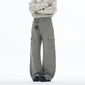 男女设计宽松直筒褶皱休闲潮牌水洗长裤 裤 高街多口袋弯刀工装 美式