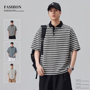 翻领宽松百搭短袖 实拍2026夏季 男士 提花条纹针织POLO衫 上衣 新款