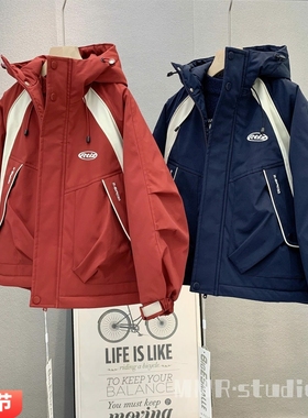 大E小e童装 中大童夹棉连帽外套2025冬款男女童时尚冲锋衣25A890