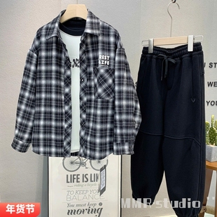 牛哆哆童装 儿童韩版加绒格子衬衫2025秋冬男女童保暖外套潮69171