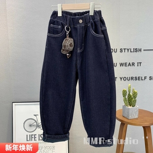 男女童百搭洋气老爹裤 大E小e童装 2025冬款 加绒牛仔裤 8706 儿童韩版