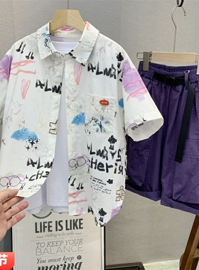 布芮欧童装 中大童韩版花色衬衫2025夏款男女童潮流时尚短袖16180