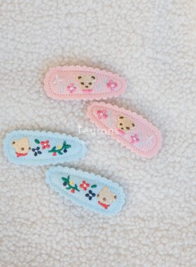 日本familiar风卡通小熊花朵刺绣发夹BB夹5CM对夹儿童发饰 手工制
