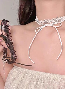 甜酷辣妹黑色蝴蝶结蕾丝系带项链choker叠戴锁骨链复古设计感颈链