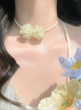 森系小清新绣球花朵绑带锁骨链小众设计感choker简约清冷感项链女