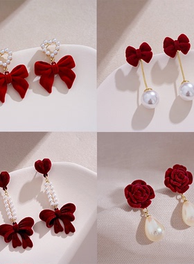 红色丝绒蝴蝶结耳环小众设计感法式复古耳坠小香气质名媛耳钉女