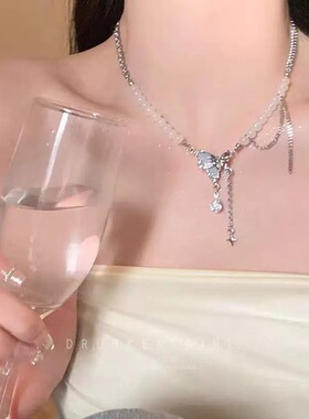 法式蓝色鸢尾花珍珠项链女小众感可抽拉锁骨链轻奢设计感颈链百搭