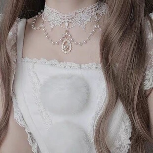 甜美lolita项链洛丽塔项链宝石珍珠蕾丝颈链丝带配件脖颈配饰拍照