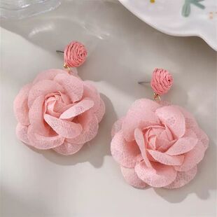 网纱花朵爆款 小众甜美2026耳环粉色气质耳坠高级耳饰耳钉洋气 新款