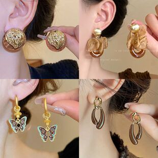 咖色暮秋花瓣流苏耳环复古网纱拉德花朵气质耳钉高级独特耳饰小众