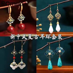 古典925银马面裙彩绘掐丝烧蓝耳挂银复古国风旗袍莲花耳环耳饰女