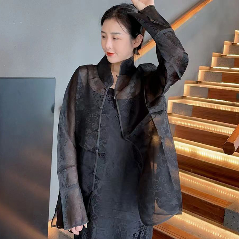 香云纱真丝透明提花仙气衬衫