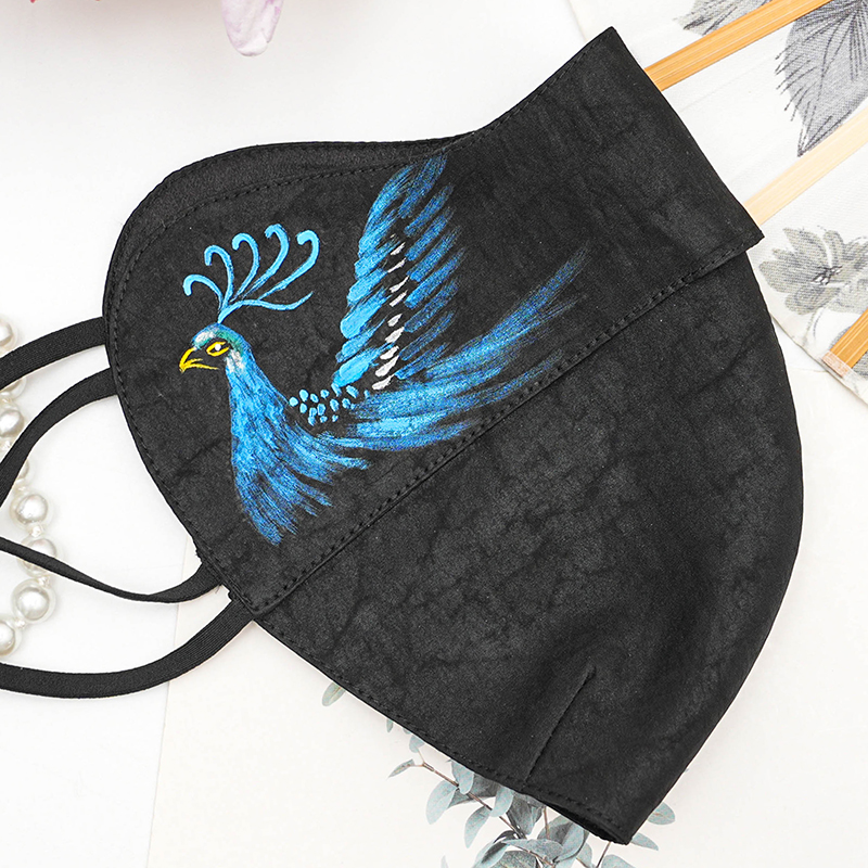 香云纱【手绘-蓝凤凰】保暖口罩护眼角透气桑蚕丝防风真丝面罩