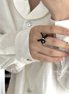S925银饰品 气质甜美风 黑色串珠编织珍珠 蝴蝶结 戒指