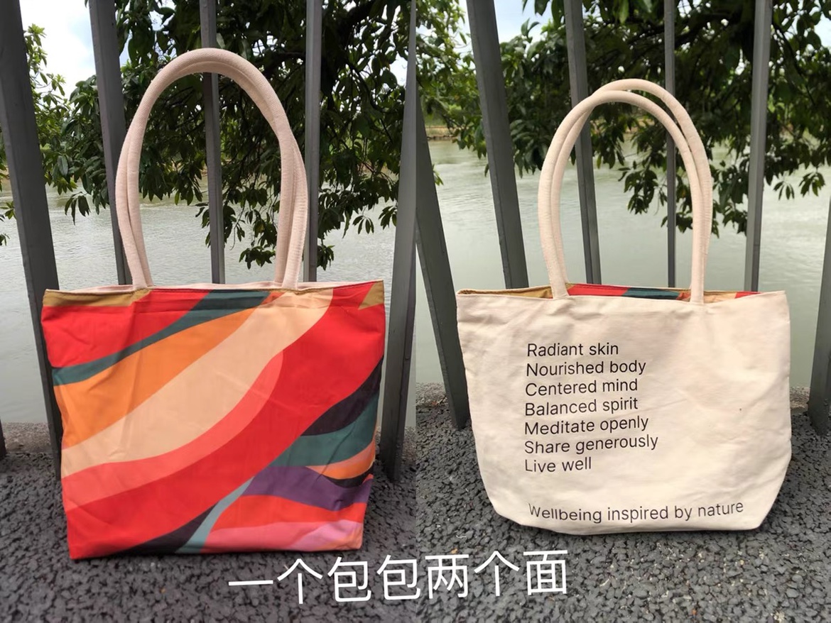 出口 拼色棉麻单肩包 双面不同图购物袋 原包装Jurlique大包