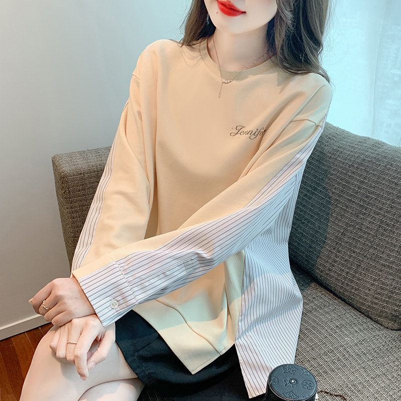 条纹拼接长袖套头卫衣女春秋2025新款韩版百搭宽松休闲慵懒风上衣