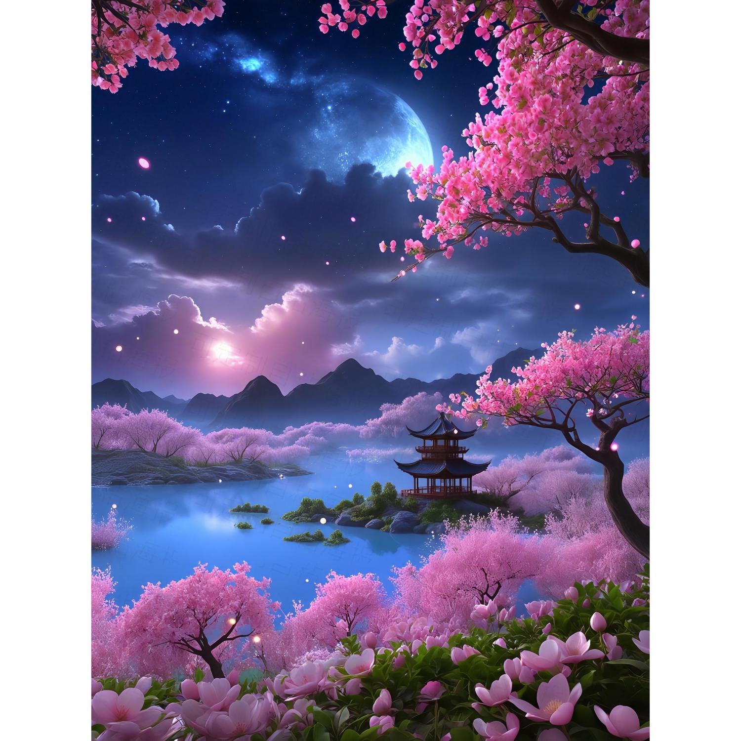 古风月光下的樱花树美景