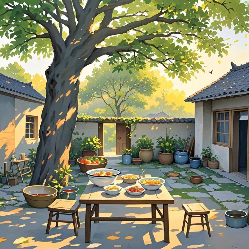仿真老家的庭院插画香樟