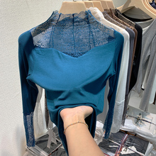 大码半高领打底衫女内搭2024春秋新款洋气蕾丝拼接上衣长袖t恤