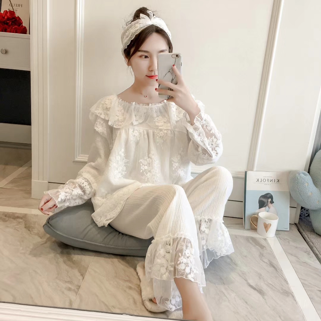 夏裝空調服睡衣女春夏長袖日系甜美全棉紗布甜美蕾絲家居服純棉